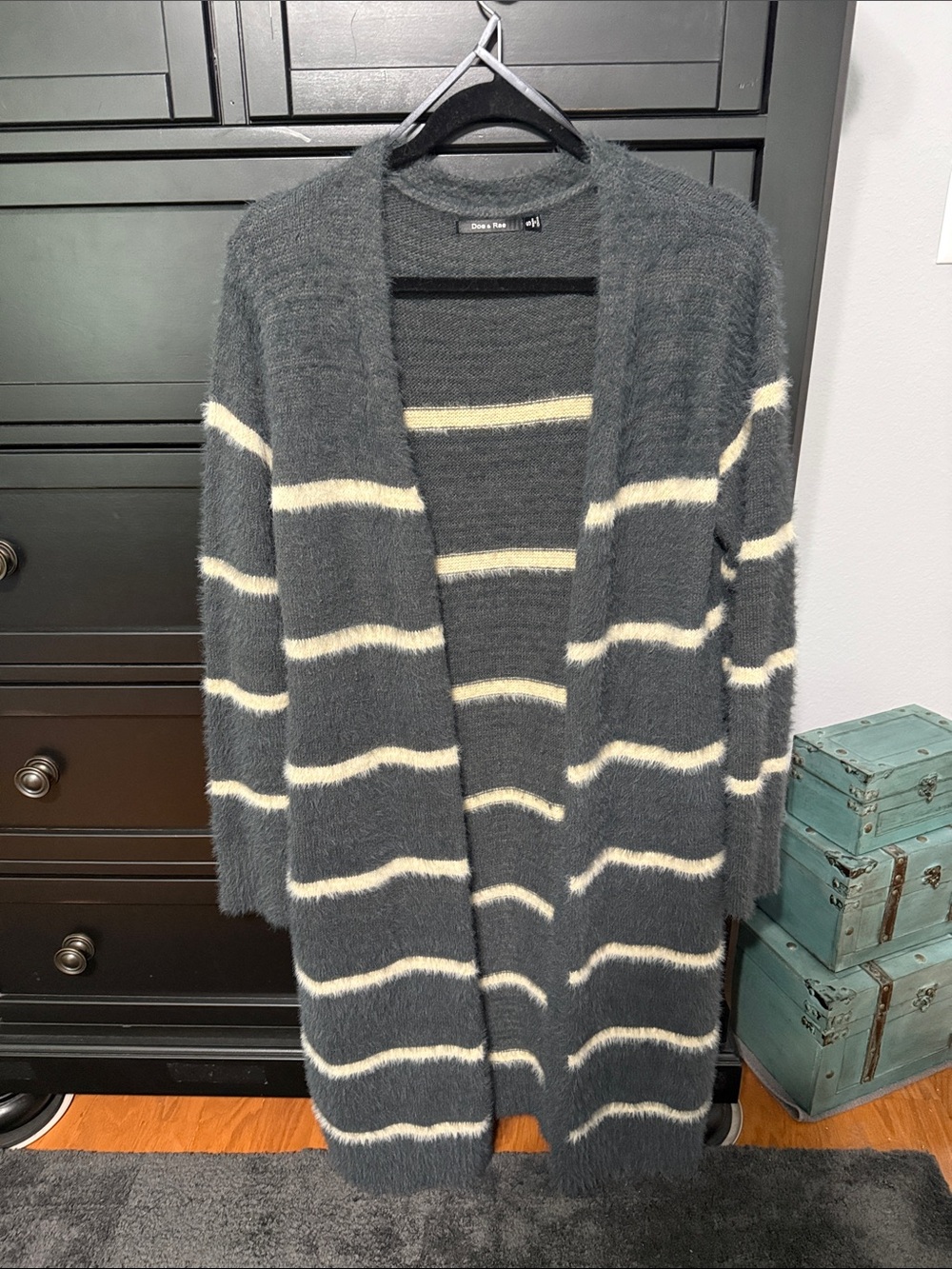 Doe & Rae Gray & Cream Striped Open Cardigan Sweater